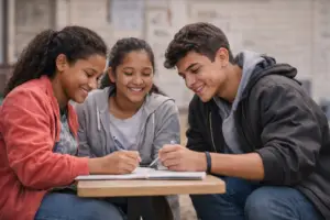 Teenagers collaborating on an assignment outdoors